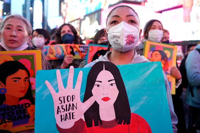 People rally calling for action and awareness on rising incidents of hate crime against Asian-Americans in Times Square in New York City on March 16th, 2022.